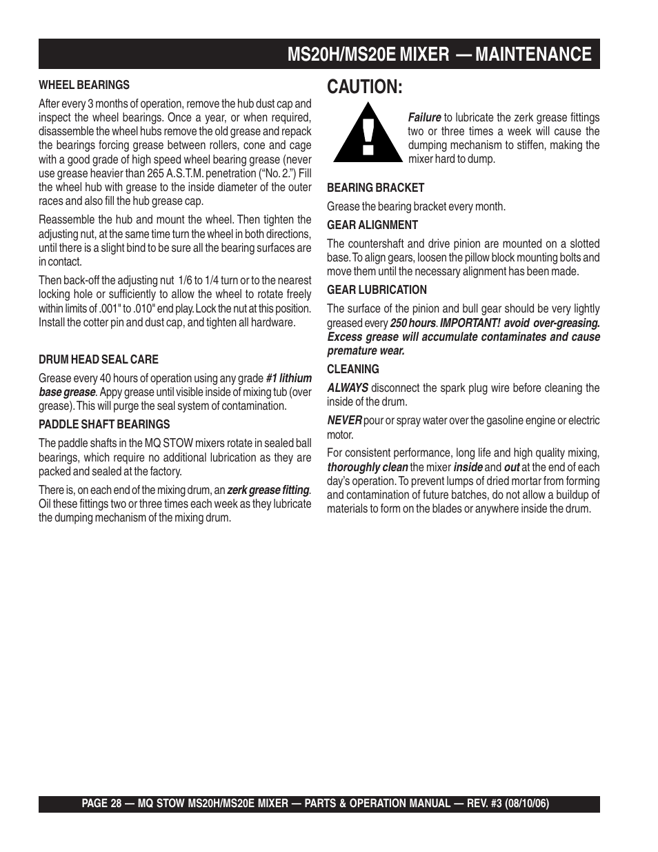 Ms20h/ms20e mixer — maintenance, Caution | Multiquip MS20E User Manual | Page 28 / 88