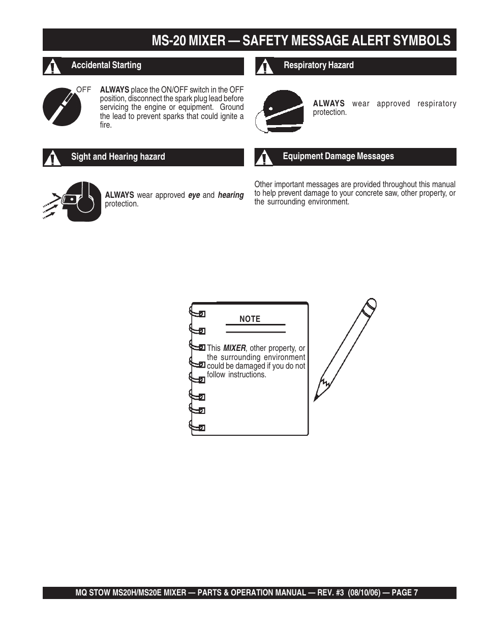 Ms-20 mixer — safety message alert symbols | Multiquip MS20E User Manual | Page 7 / 88