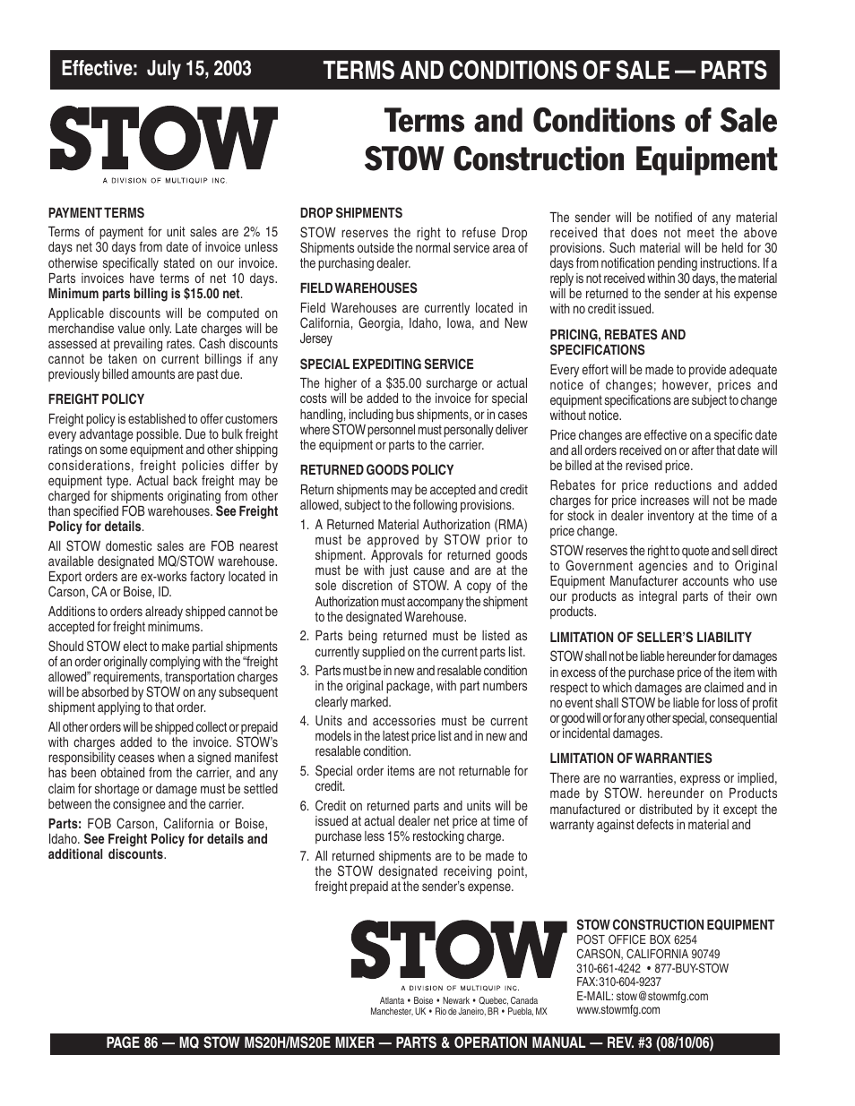 Terms and conditions of sale — parts | Multiquip MS20E User Manual | Page 86 / 88