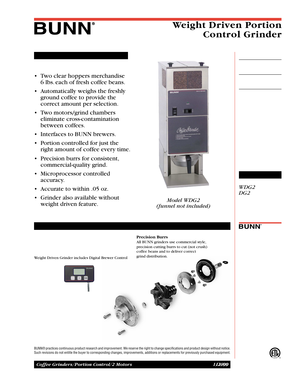 Bunn WDG2 User Manual | 2 pages
