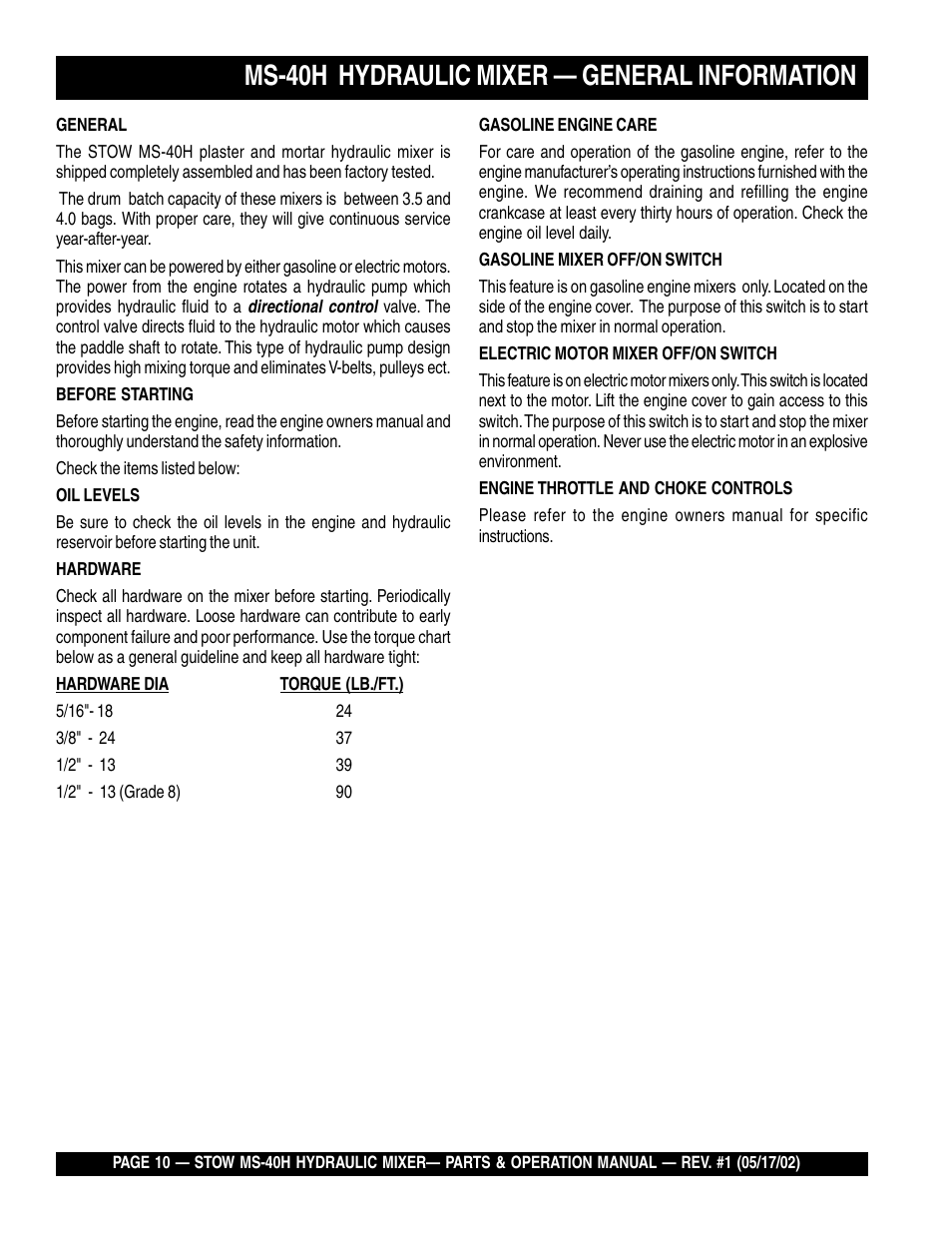 Ms-40h hydraulic mixer — general information | Multiquip MS40H User Manual | Page 10 / 48