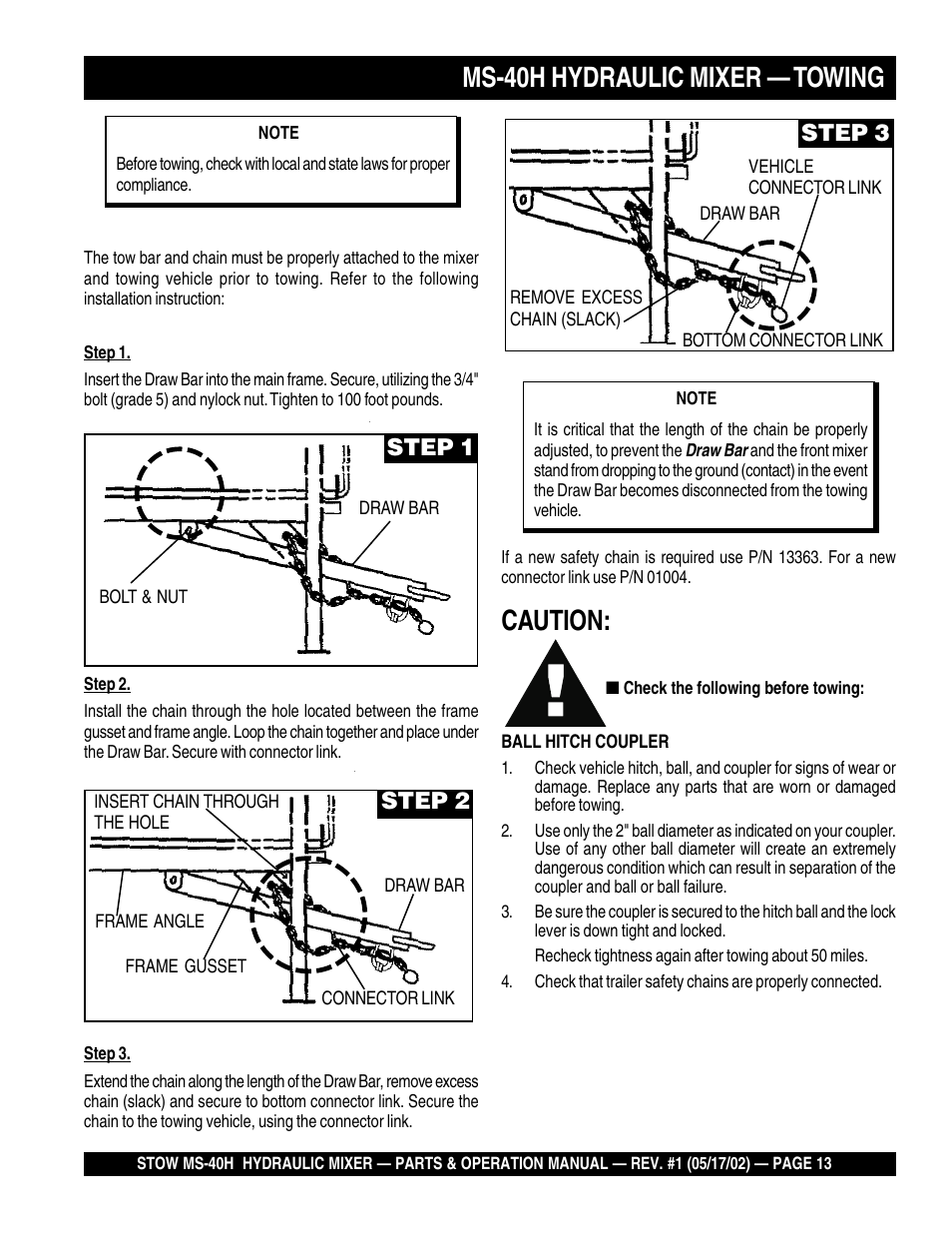 Ms-40h hydraulic mixer — towing, Caution, Step 1 | Step 2, Step 3 | Multiquip MS40H User Manual | Page 13 / 48