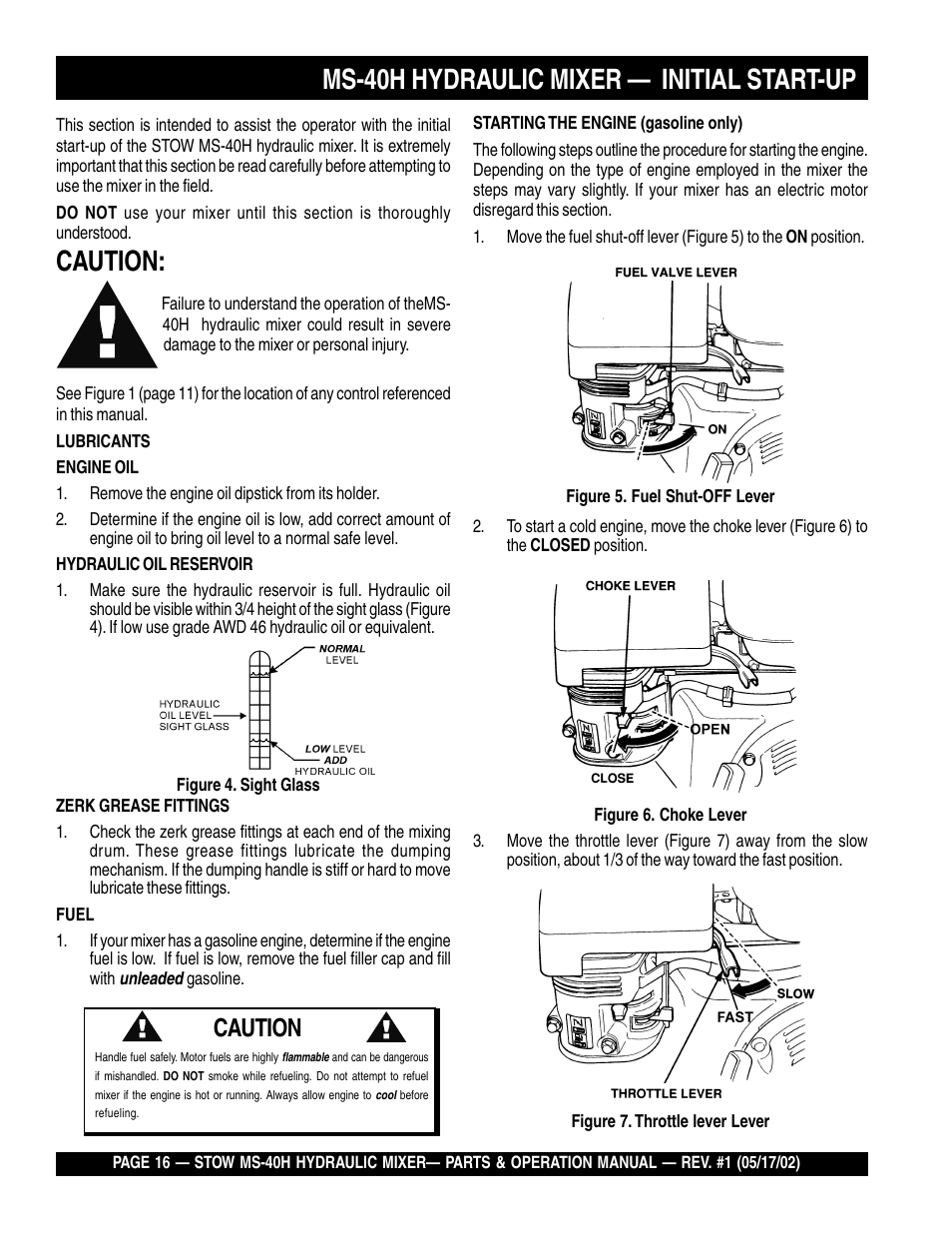 Ms-40h hydraulic mixer — initial start-up, Caution | Multiquip MS40H User Manual | Page 16 / 48