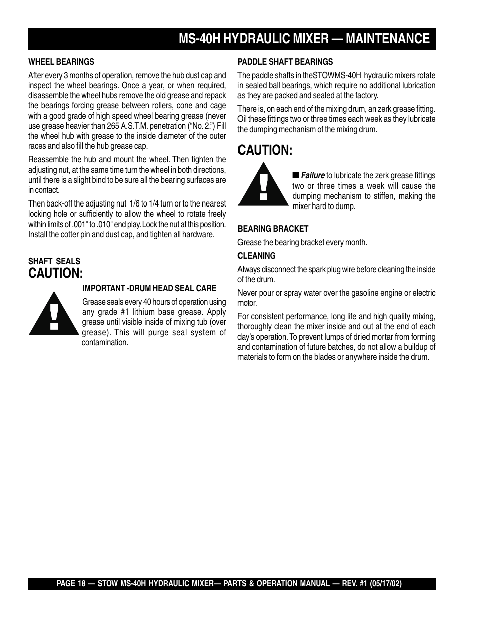 Ms-40h hydraulic mixer — maintenance, Caution | Multiquip MS40H User Manual | Page 18 / 48