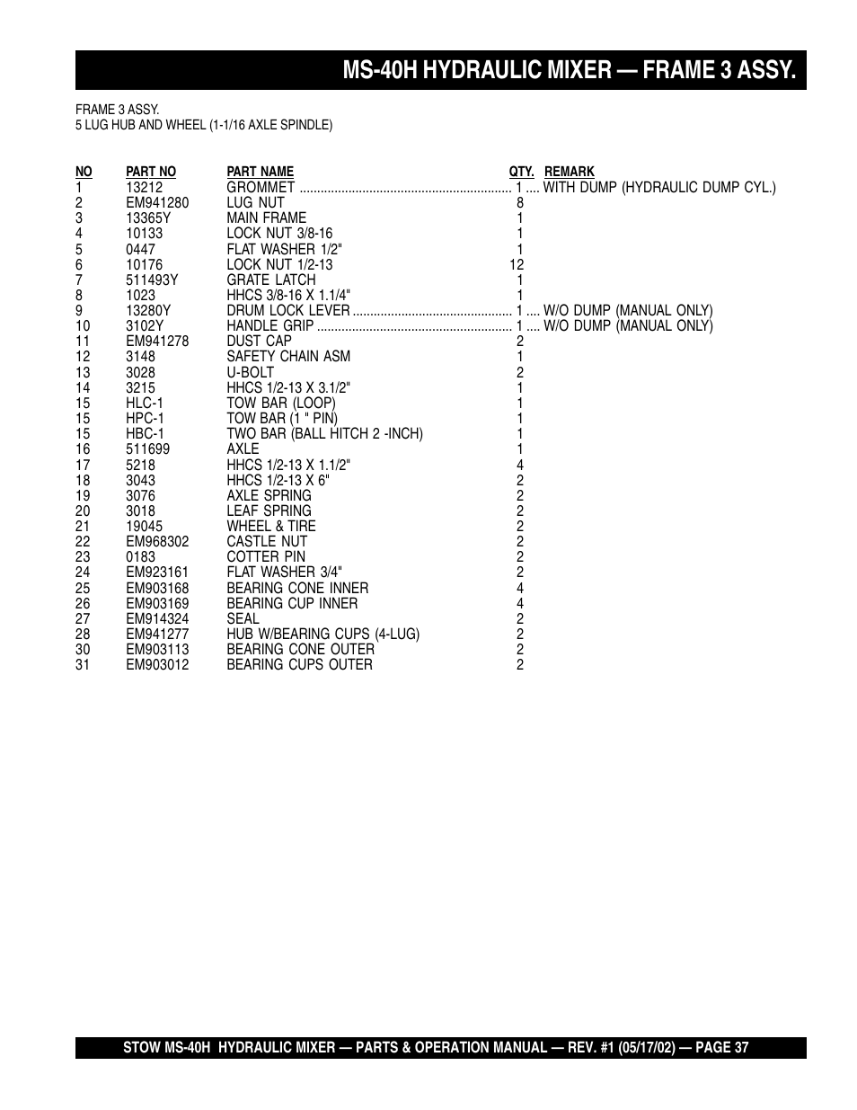 Ms-40h hydraulic mixer — frame 3 assy | Multiquip MS40H User Manual | Page 37 / 48