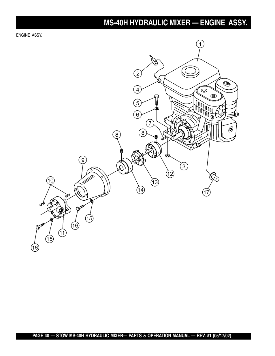 Ms-40h hydraulic mixer — engine assy | Multiquip MS40H User Manual | Page 40 / 48