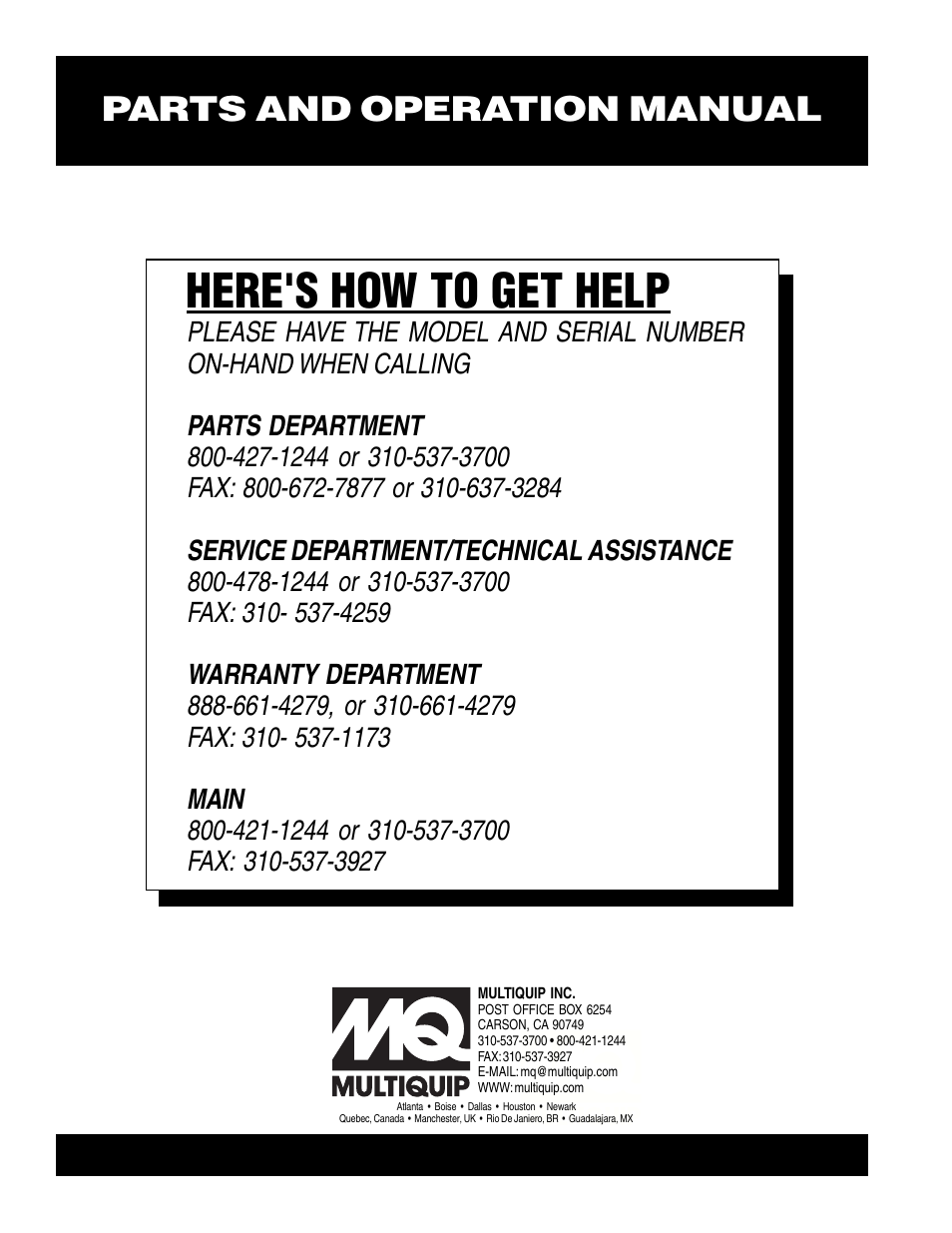 Here's how to get help, Parts and operation manual | Multiquip MS40H User Manual | Page 48 / 48