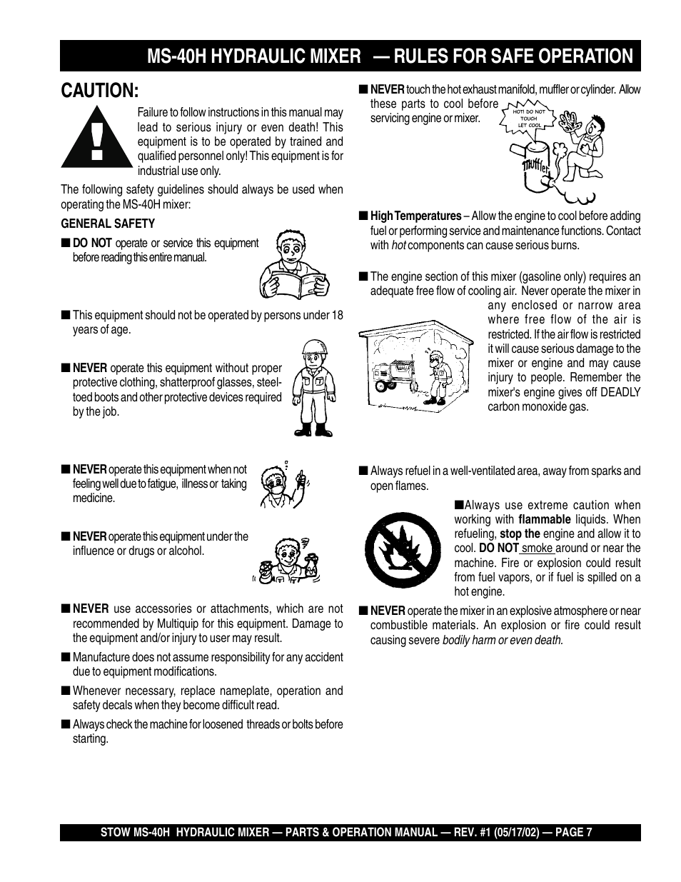 Caution, Ms-40h hydraulic mixer — rules for safe operation | Multiquip MS40H User Manual | Page 7 / 48