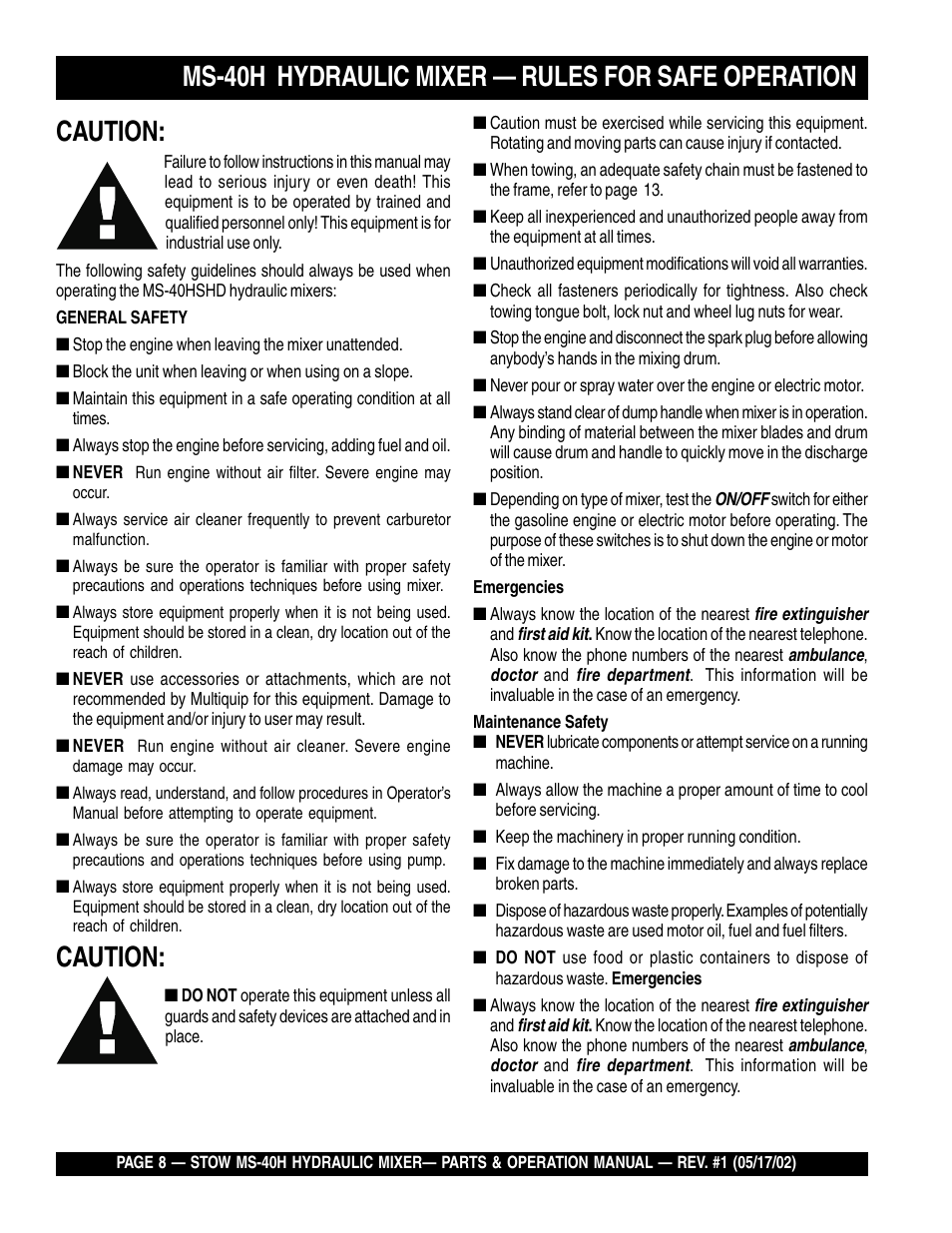Caution, Ms-40h hydraulic mixer — rules for safe operation | Multiquip MS40H User Manual | Page 8 / 48