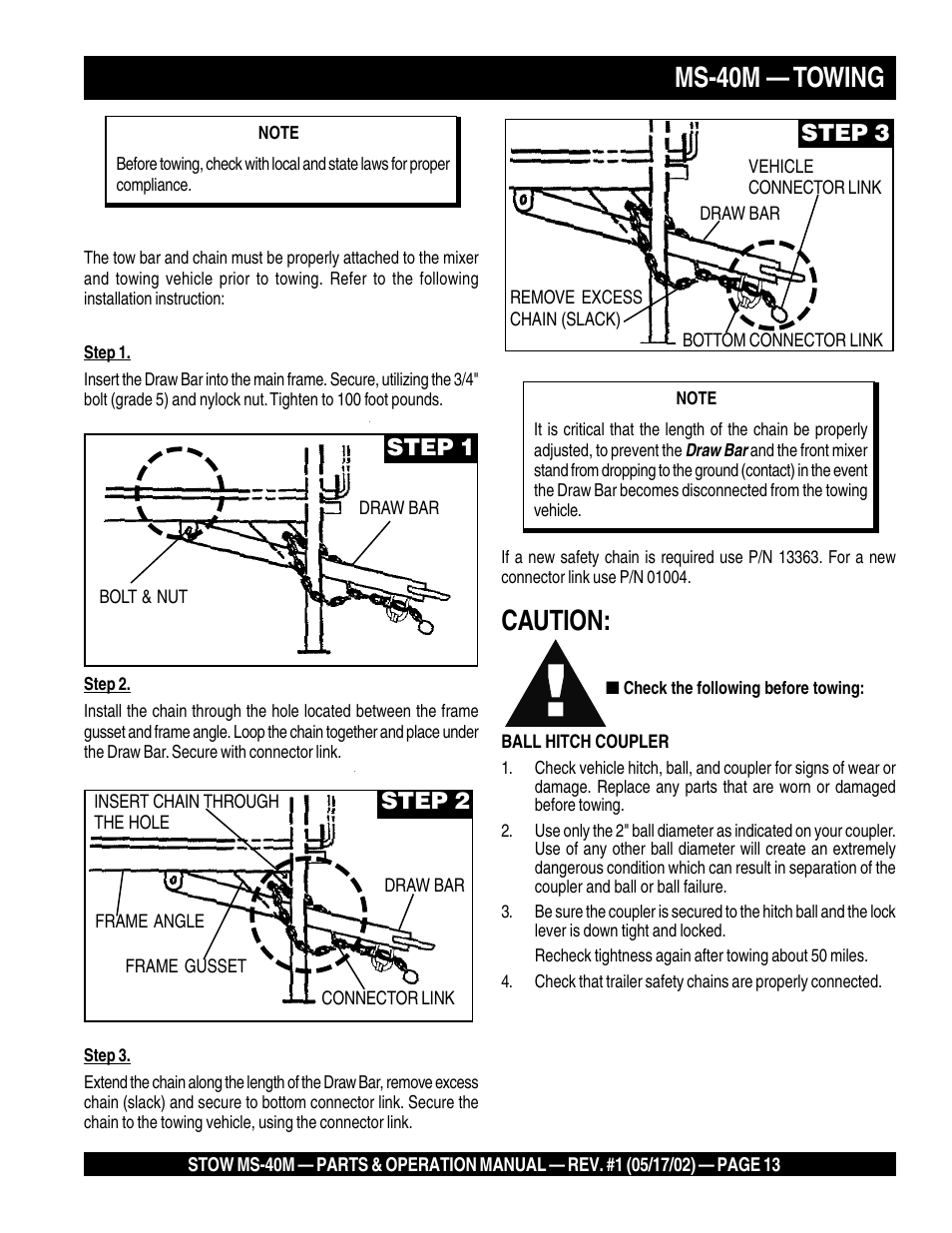 Ms-40m — towing, Caution, Step 1 | Step 2, Step 3 | Multiquip MS40M User Manual | Page 13 / 46