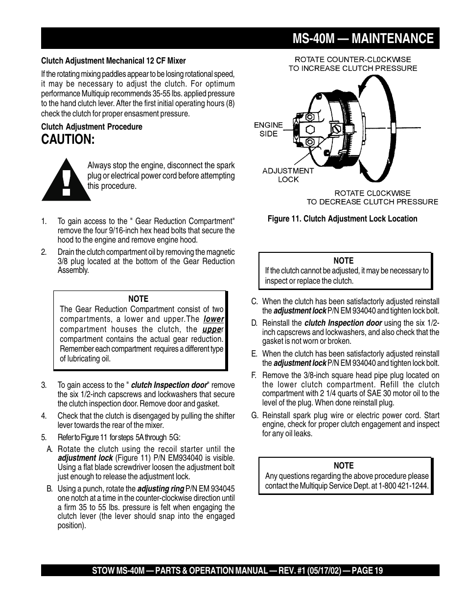 Ms-40m — maintenance, Caution | Multiquip MS40M User Manual | Page 19 / 46