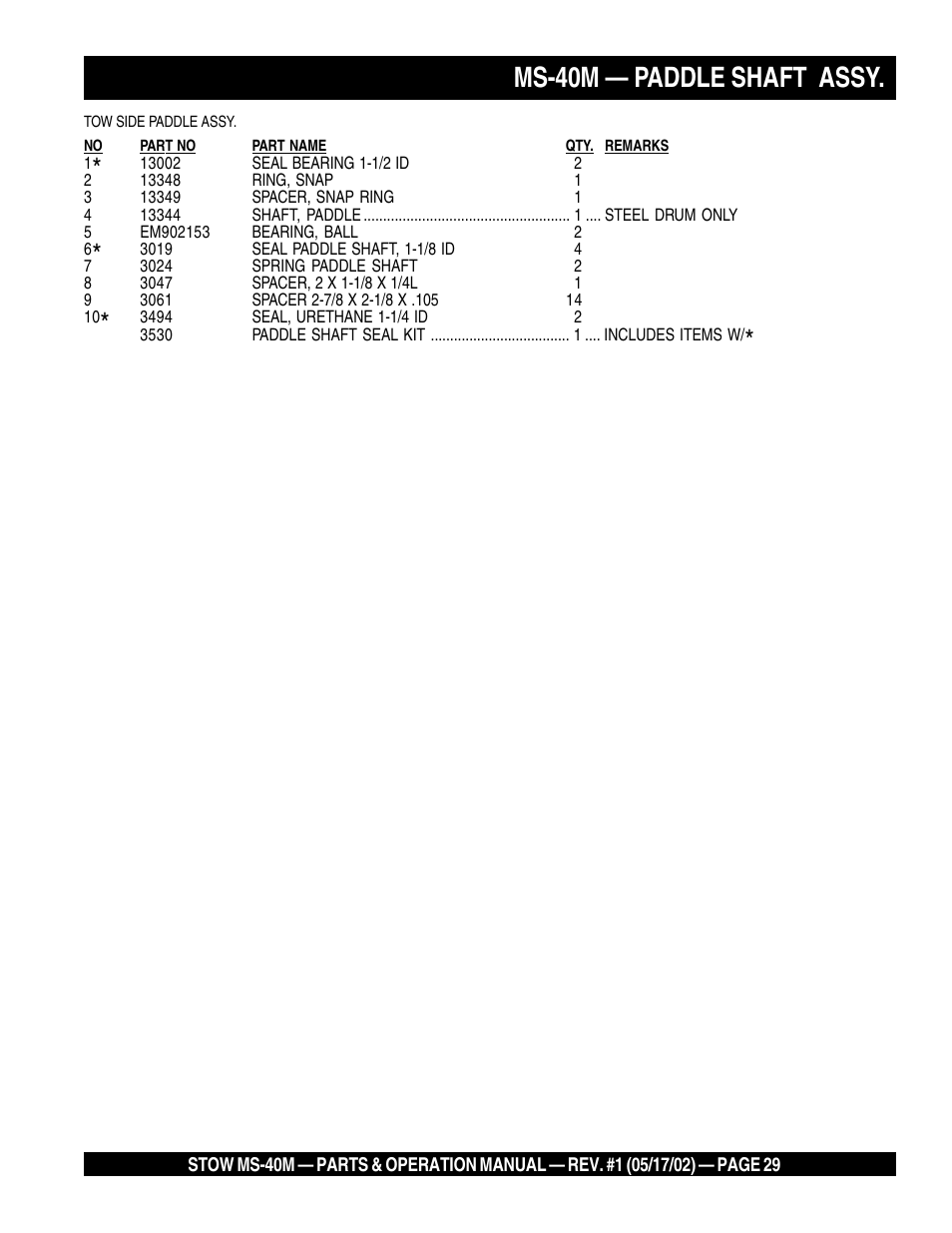 Ms-40m — paddle shaft assy | Multiquip MS40M User Manual | Page 29 / 46