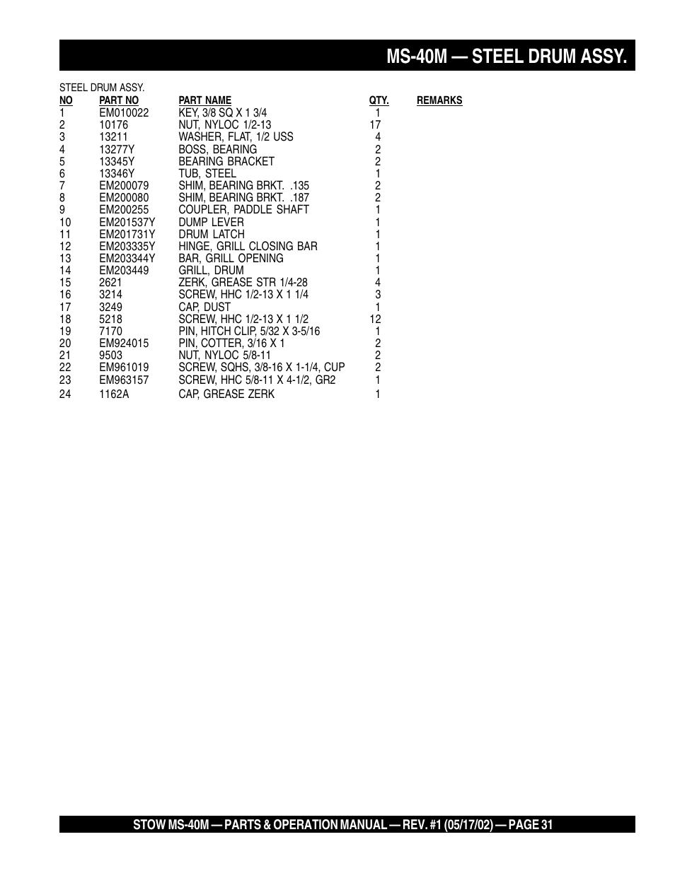 Ms-40m — steel drum assy | Multiquip MS40M User Manual | Page 31 / 46