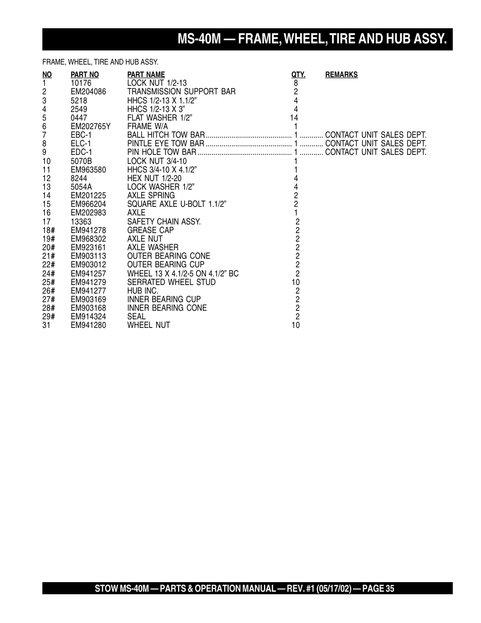Ms-40m — frame, wheel, tire and hub assy | Multiquip MS40M User Manual | Page 35 / 46