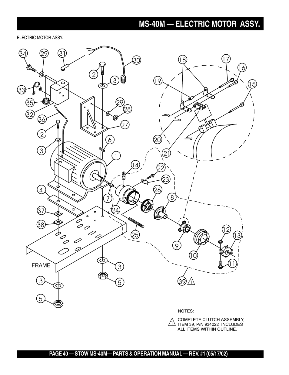 Ms-40m — electric motor assy | Multiquip MS40M User Manual | Page 40 / 46