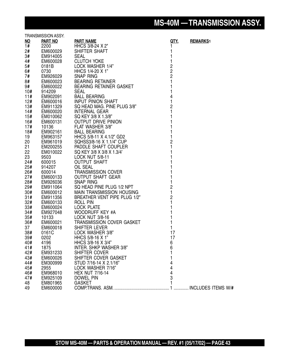 Ms-40m — transmission assy | Multiquip MS40M User Manual | Page 43 / 46