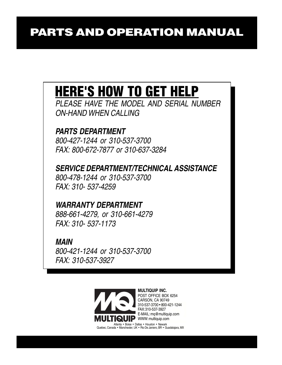 Here's how to get help, Parts and operation manual | Multiquip MS40M User Manual | Page 46 / 46