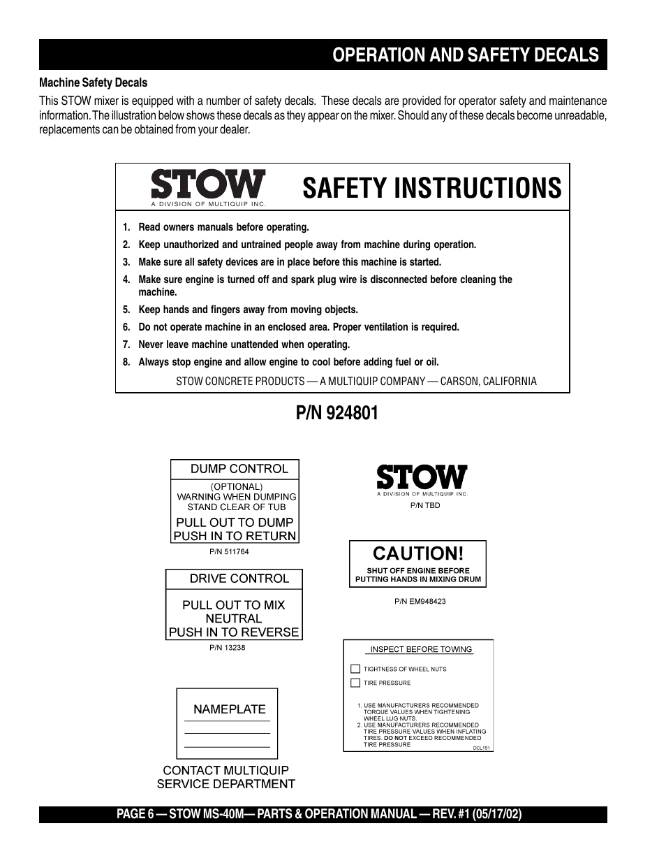 Safety instructions, Operation and safety decals | Multiquip MS40M User Manual | Page 6 / 46