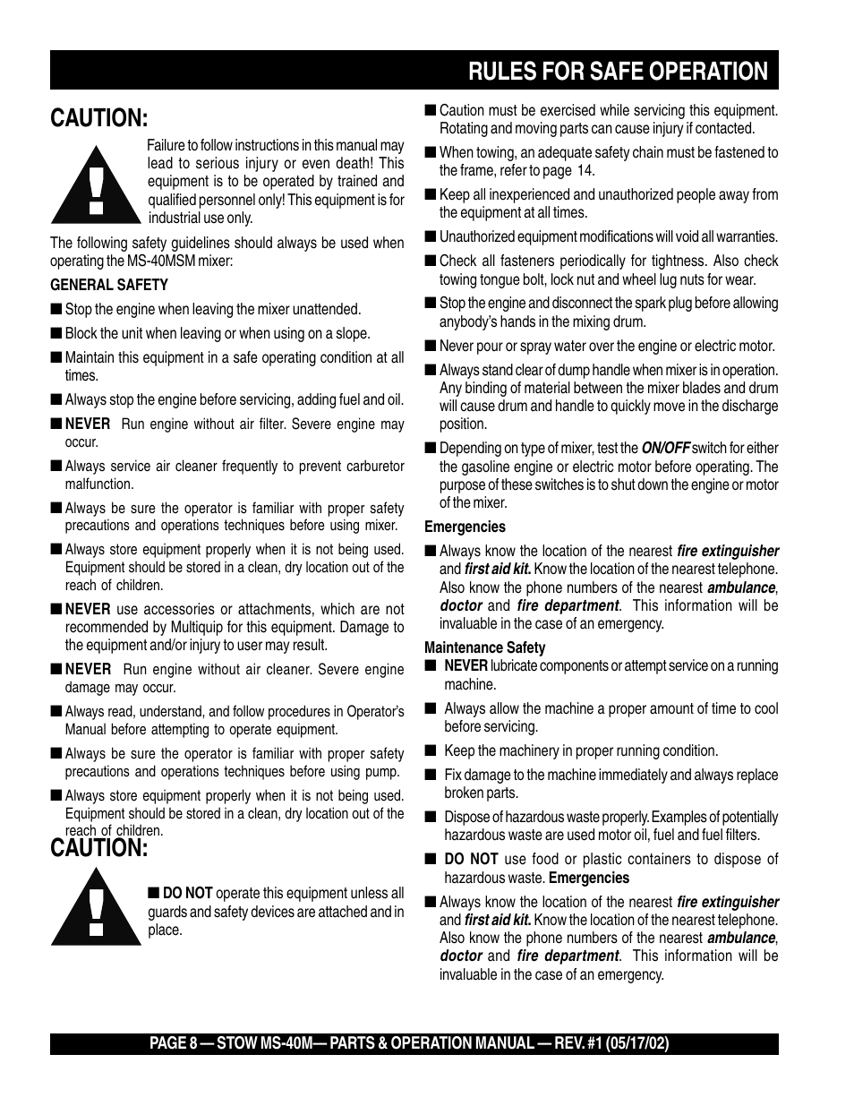 Caution, Rules for safe operation | Multiquip MS40M User Manual | Page 8 / 46