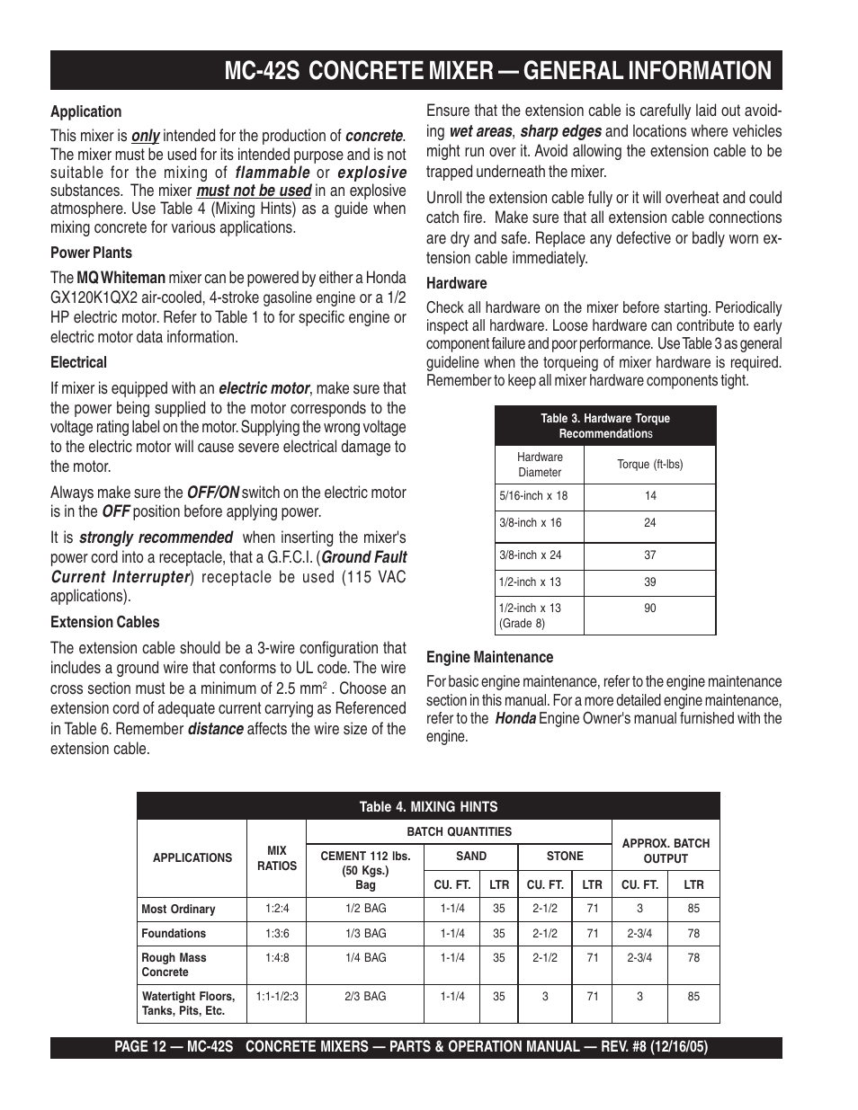Mc-42s concrete mixer — general information, Honda, Application | Power plants, Gasoline engine, Electrical, Extension cables, Engine owner's manual furnished with the engine | Multiquip MC42S User Manual | Page 12 / 84