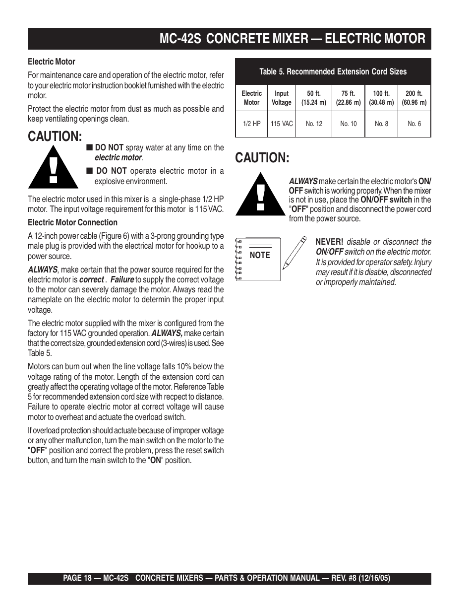 Mc-42s concrete mixer — electric motor, Caution | Multiquip MC42S User Manual | Page 18 / 84