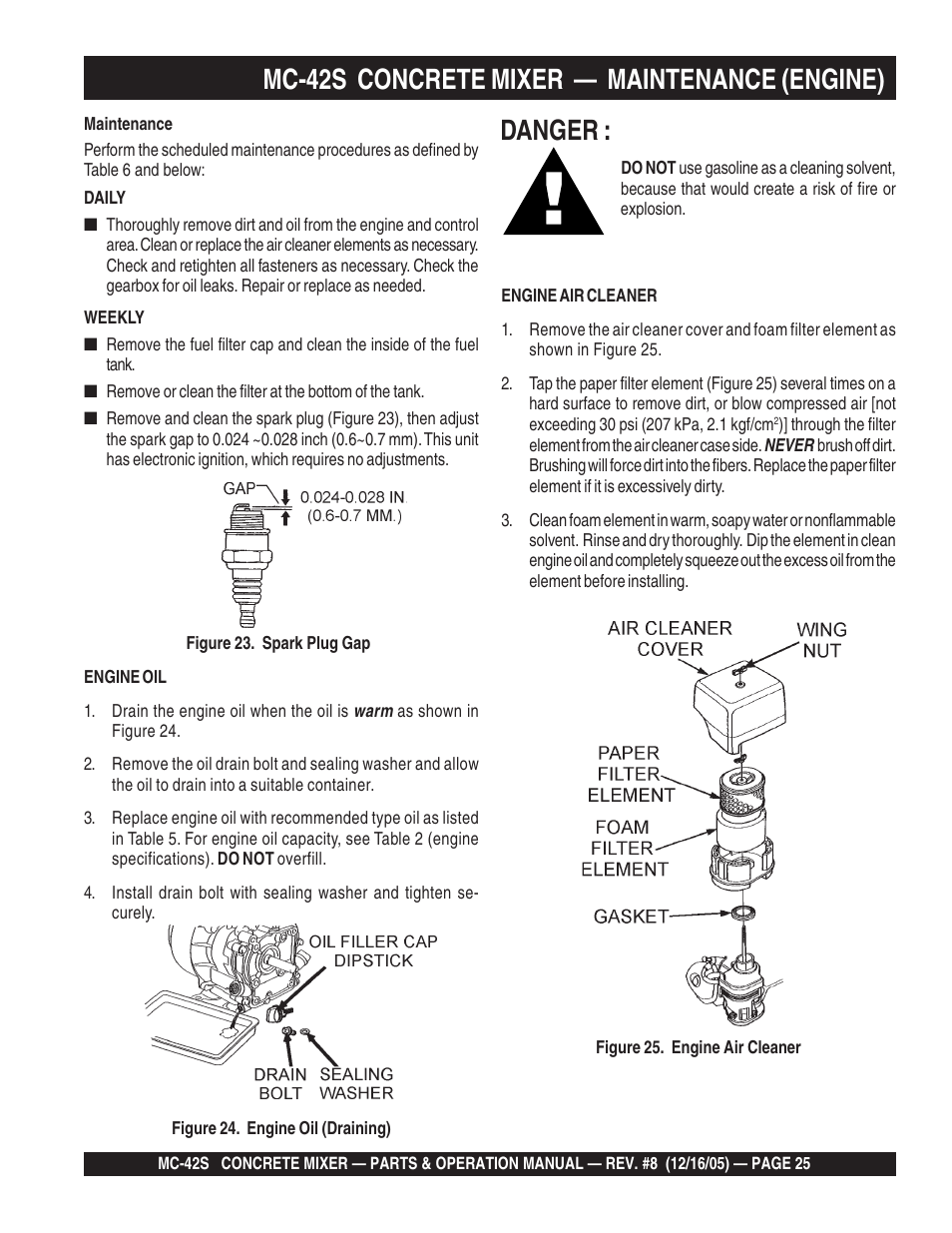 Danger, Mc-42s concrete mixer — maintenance (engine) | Multiquip MC42S User Manual | Page 25 / 84