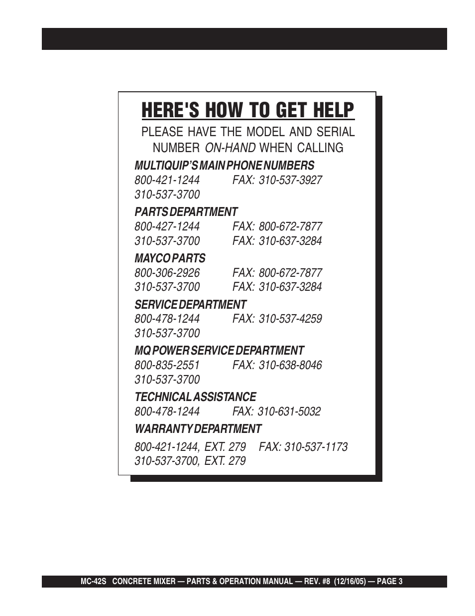 Here's how to get help | Multiquip MC42S User Manual | Page 3 / 84