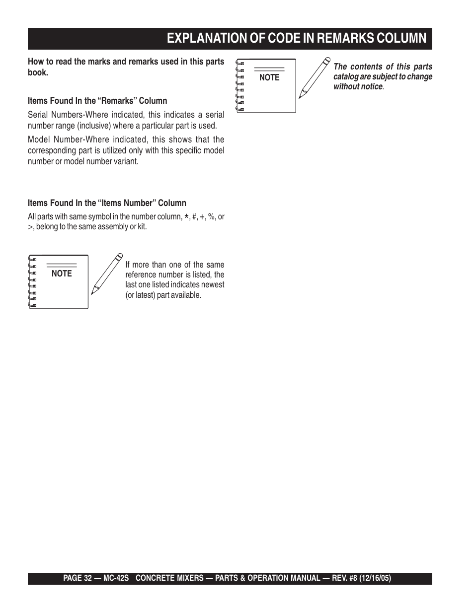 Explanation of code in remarks column | Multiquip MC42S User Manual | Page 32 / 84