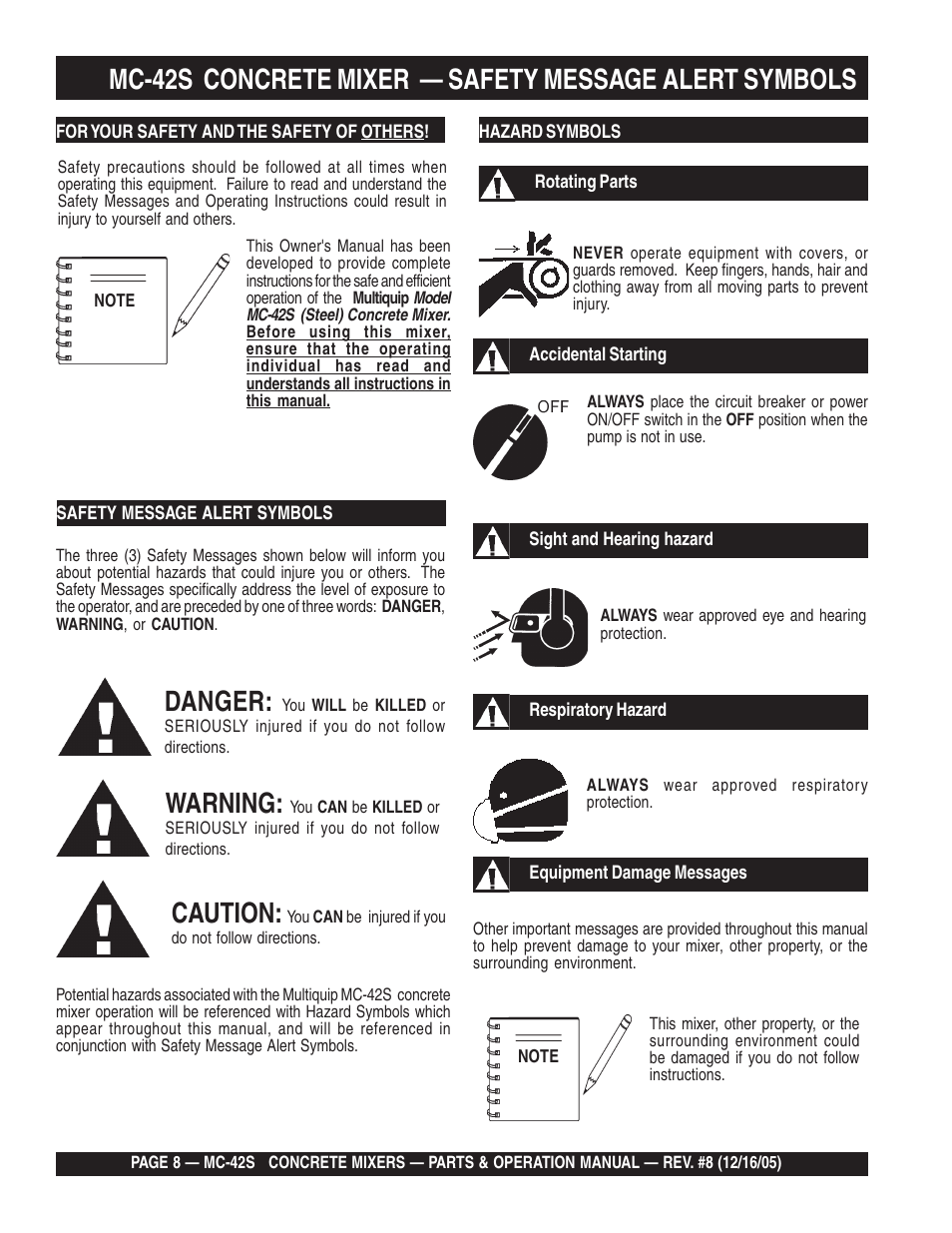 Danger, Warning, Caution | Multiquip MC42S User Manual | Page 8 / 84