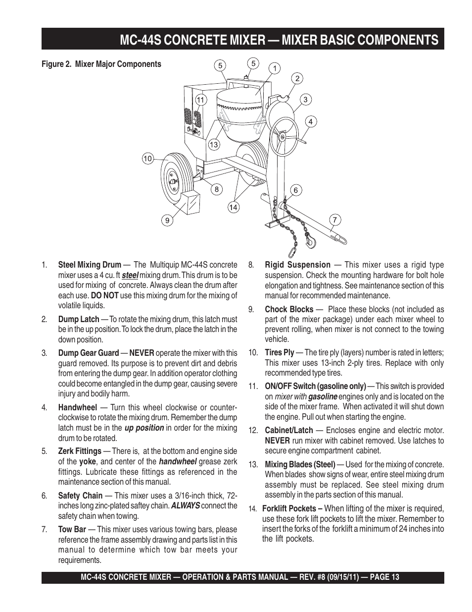 Mc-44s concrete mixer — mixer basic components | Multiquip MC44S User Manual | Page 13 / 84