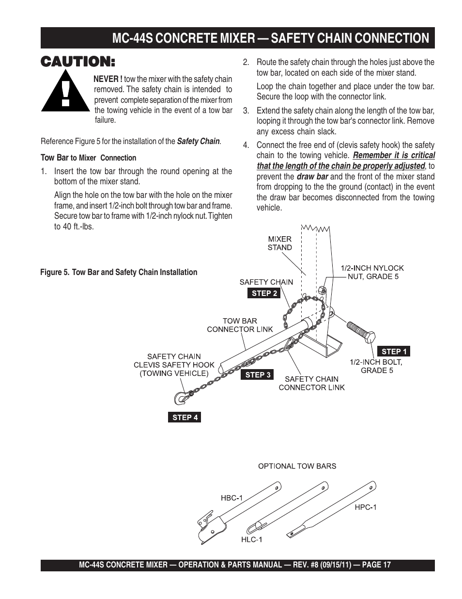 Mc-44s concrete mixer — safety chain connection, Caution | Multiquip MC44S User Manual | Page 17 / 84