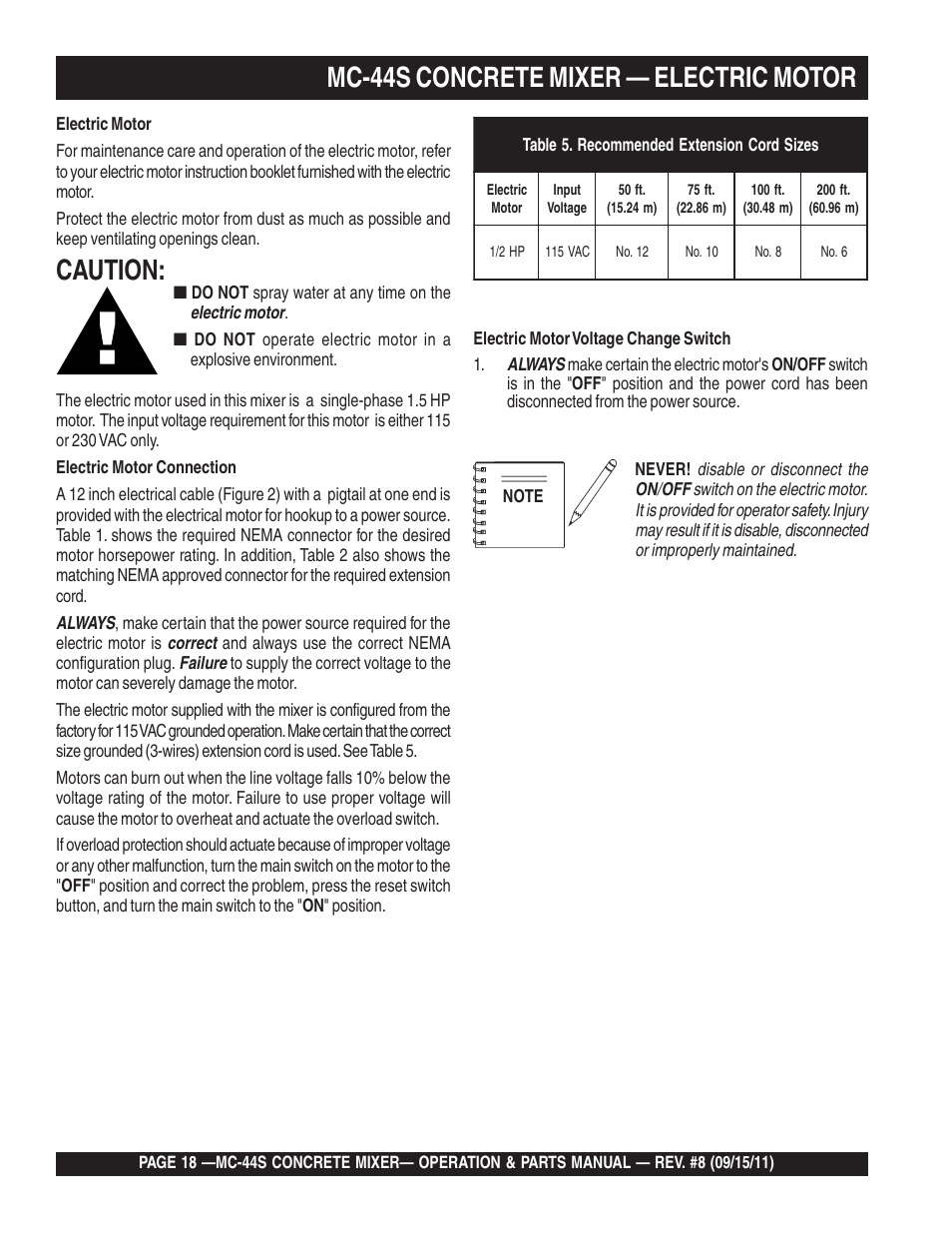 Mc-44s concrete mixer — electric motor, Caution | Multiquip MC44S User Manual | Page 18 / 84