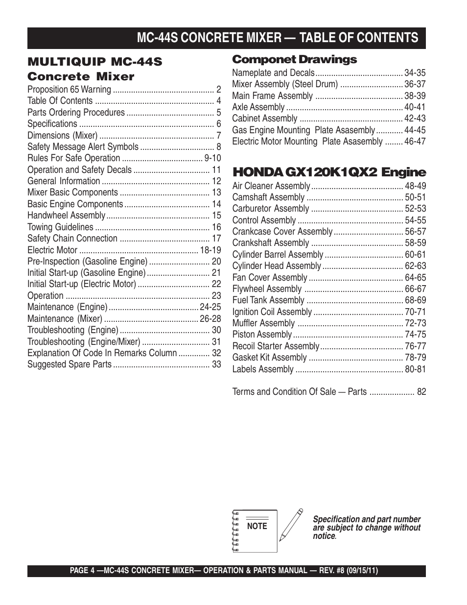 Mc-44s concrete mixer — table of contents | Multiquip MC44S User Manual | Page 4 / 84