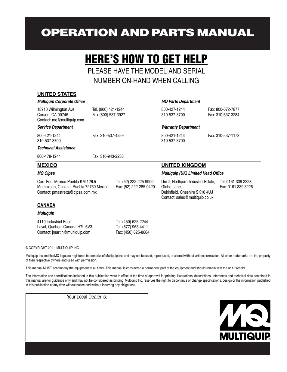 Here’s how to get help, Operation and parts manual | Multiquip MC44S User Manual | Page 84 / 84