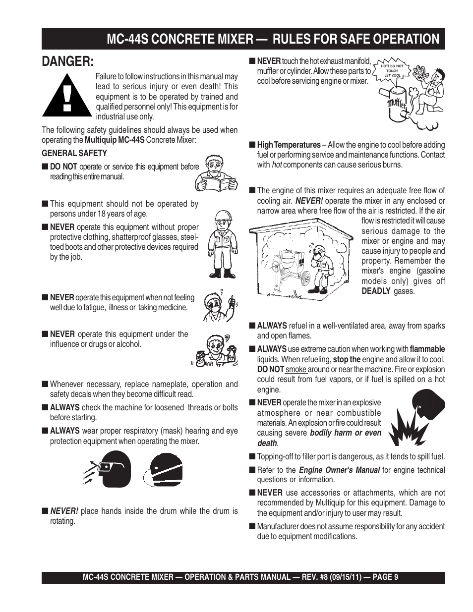 Mc-44s concrete mixer — rules for safe operation, Danger | Multiquip MC44S User Manual | Page 9 / 84