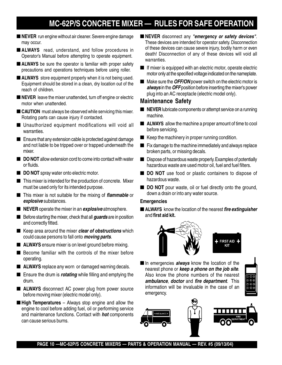 Mc-62p/s concrete mixer — rules for safe operation, Maintenance safety | Multiquip MC62P User Manual | Page 10 / 120