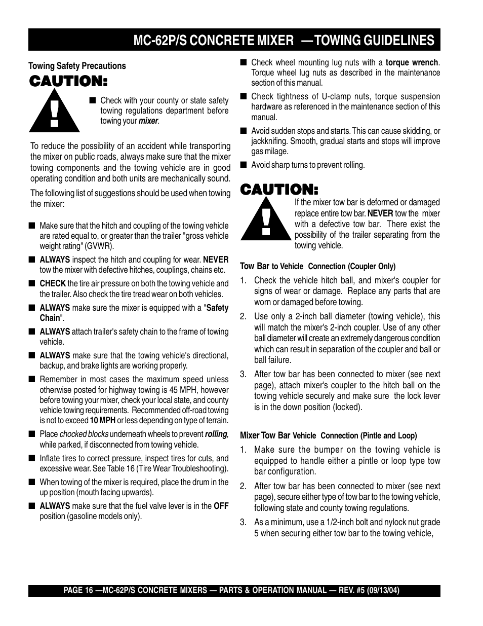 Mc-62p/s concrete mixer — towing guidelines, Caution | Multiquip MC62P User Manual | Page 16 / 120