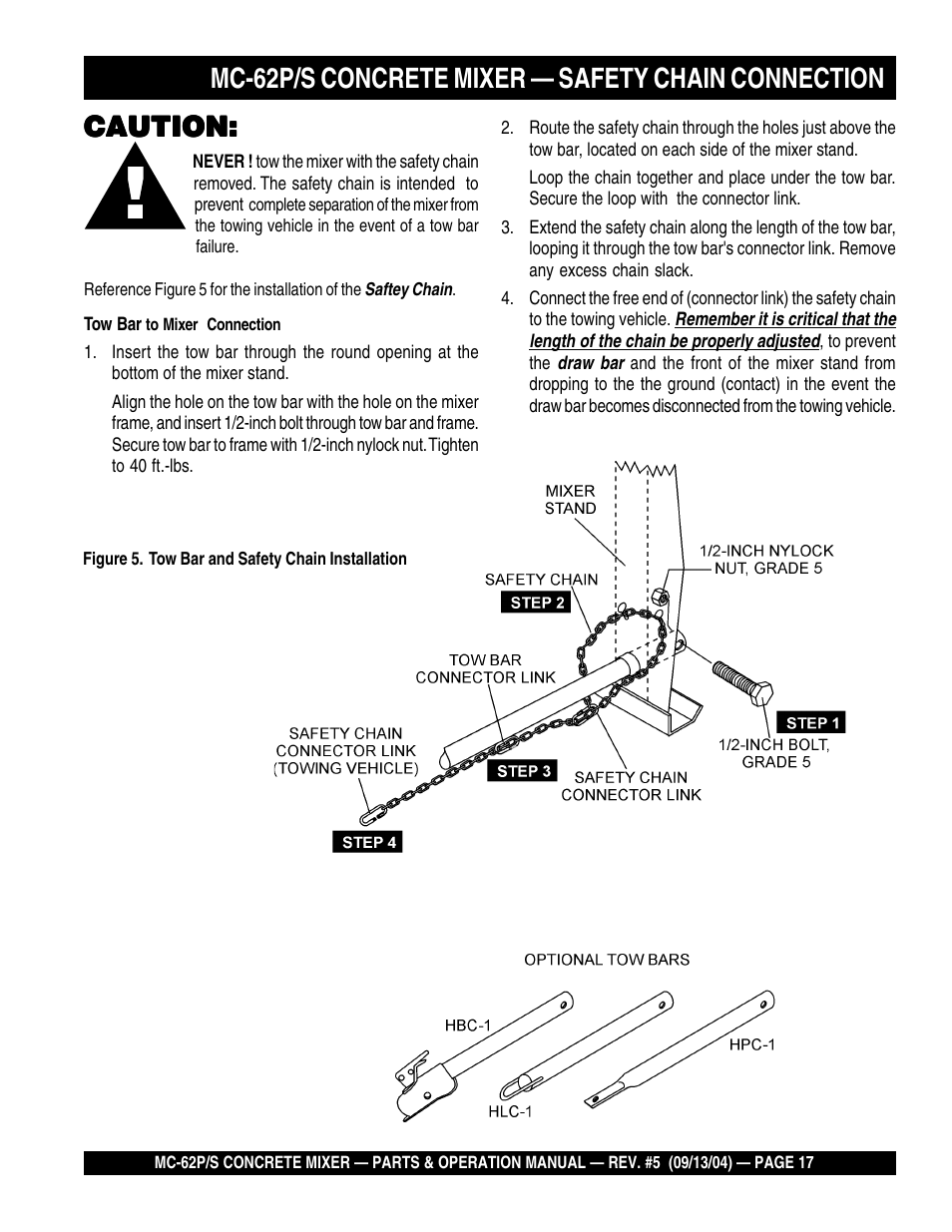 Mc-62p/s concrete mixer — safety chain connection, Caution | Multiquip MC62P User Manual | Page 17 / 120