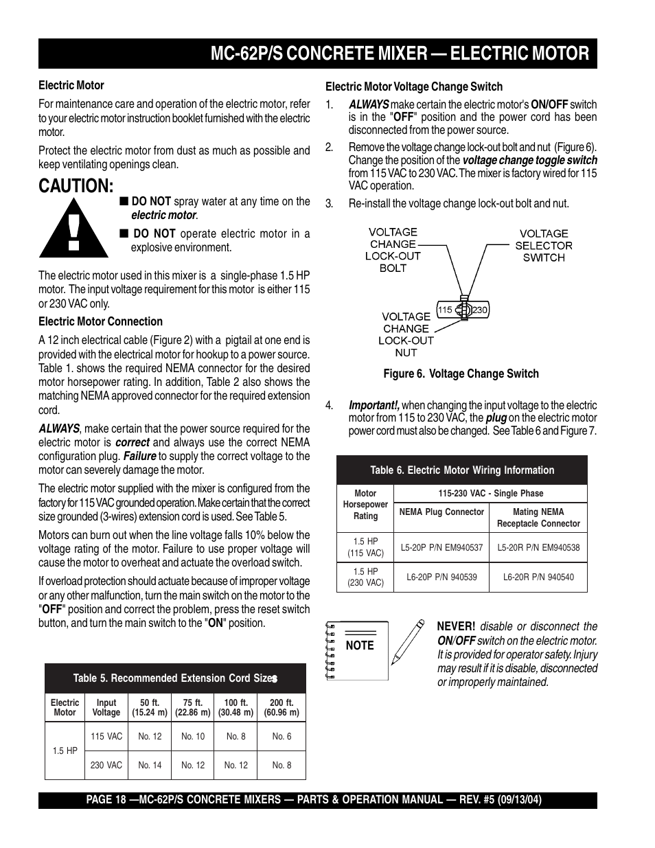 Mc-62p/s concrete mixer — electric motor, Caution, Always | Correct, Failure, Electric motor, Voltage change toggle switch, Important, Plug | Multiquip MC62P User Manual | Page 18 / 120