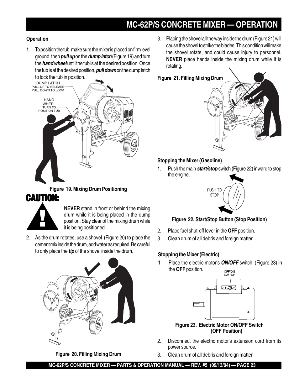 Mc-62p/s concrete mixer — operation, Caution | Multiquip MC62P User Manual | Page 23 / 120