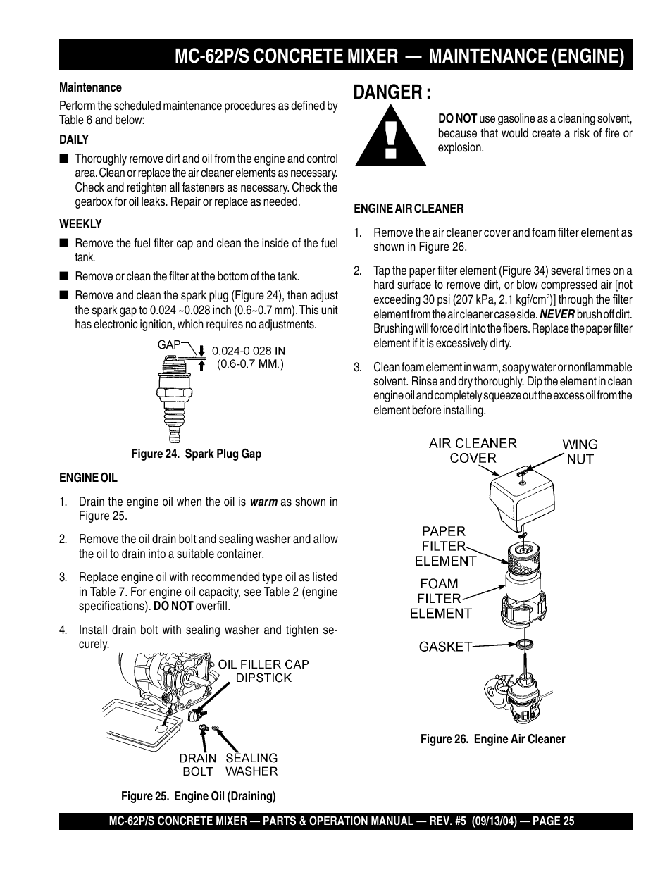 Danger, Mc-62p/s concrete mixer — maintenance (engine) | Multiquip MC62P User Manual | Page 25 / 120