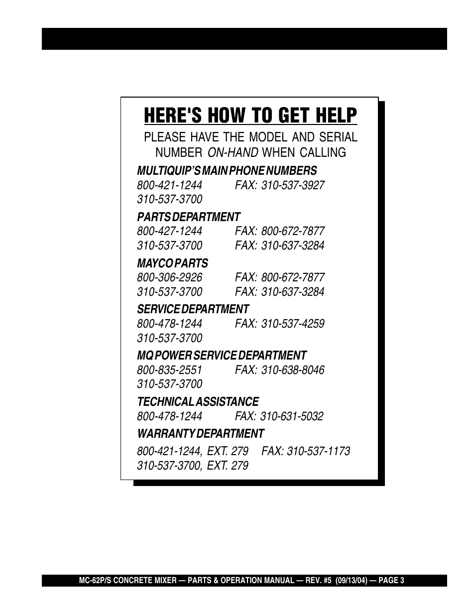 Here's how to get help | Multiquip MC62P User Manual | Page 3 / 120
