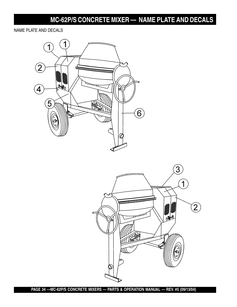 Mc-62p/s concrete mixer — name plate and decals | Multiquip MC62P User Manual | Page 34 / 120