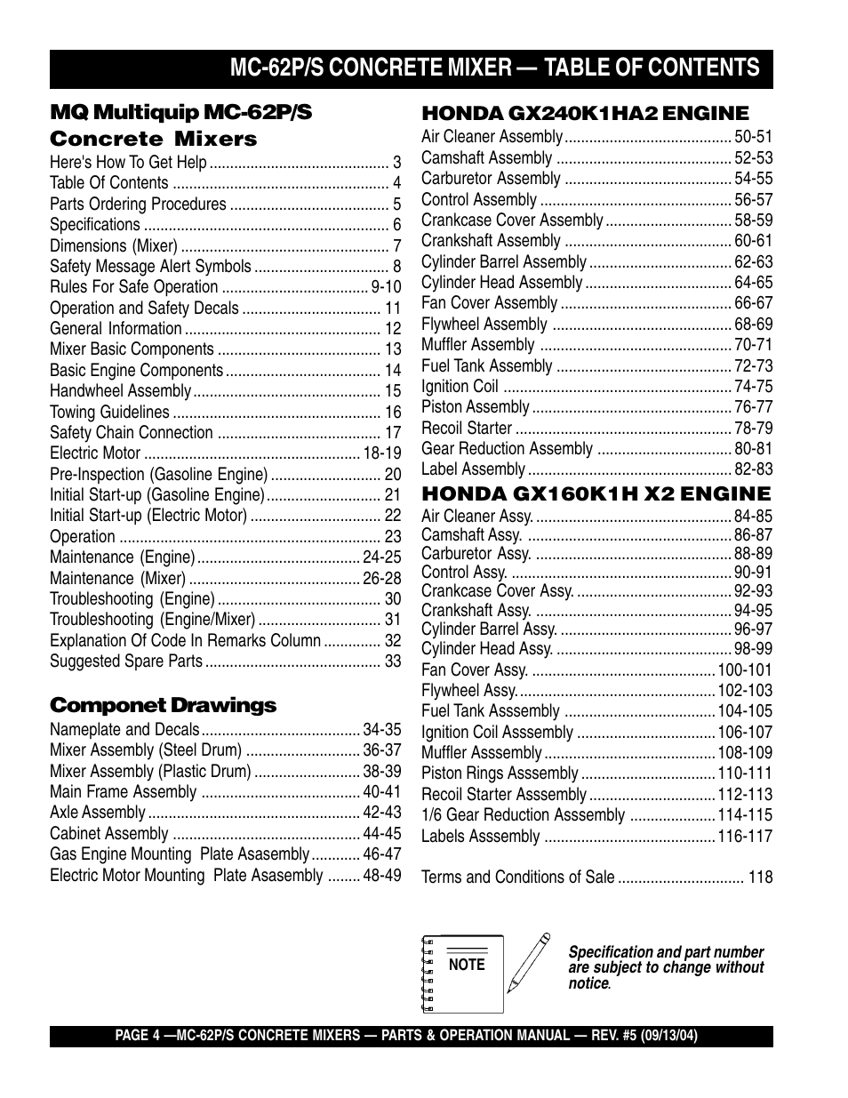 Mc-62p/s concrete mixer — table of contents | Multiquip MC62P User Manual | Page 4 / 120