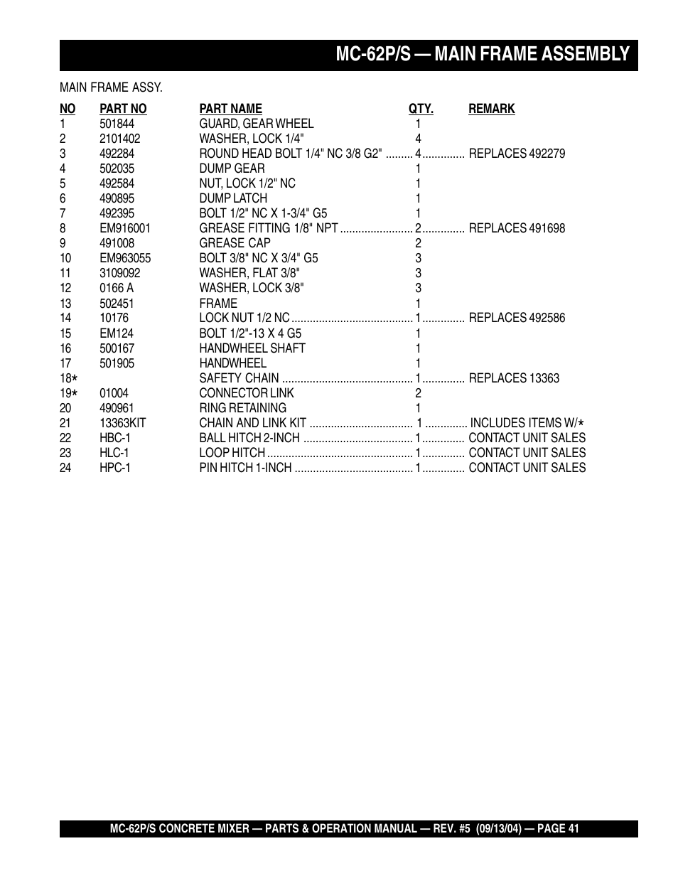 Mc-62p/s — main frame assembly | Multiquip MC62P User Manual | Page 41 / 120