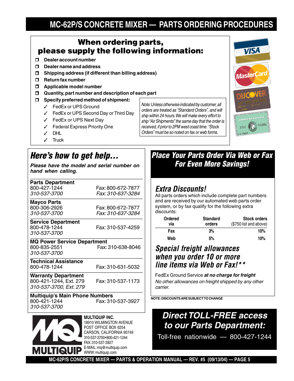 Here’s how to get help, Direct toll-free access to our parts department, Extra discounts | Multiquip MC62P User Manual | Page 5 / 120