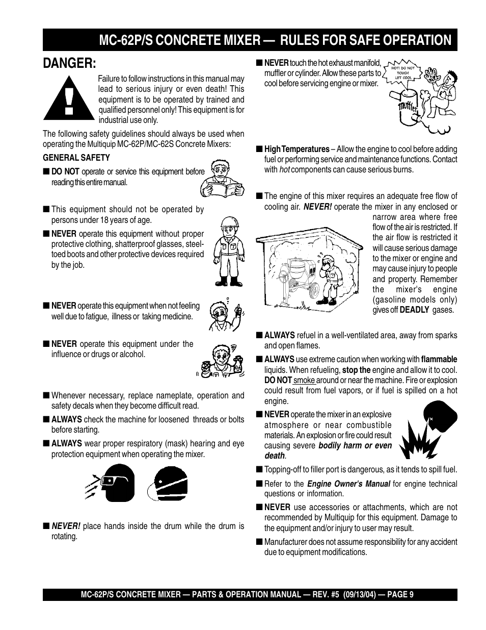 Mc-62p/s concrete mixer — rules for safe operation, Danger | Multiquip MC62P User Manual | Page 9 / 120