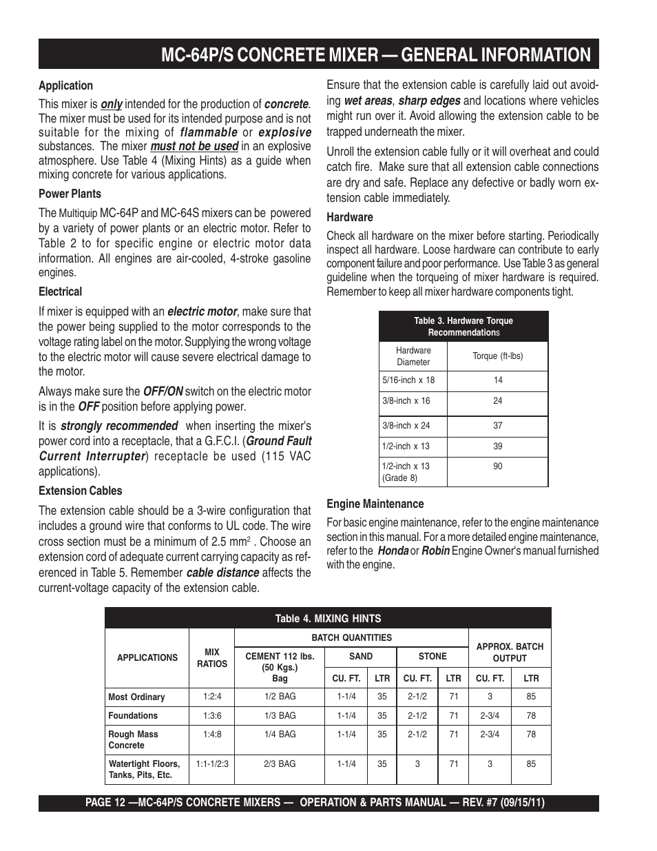Mc-64p/s concrete mixer — general information, Honda, Robin | Application, Power plants, Multiquip, Gasoline engines. electrical, Extension cables, Engine owner's manual furnished with the engine | Multiquip MC64P User Manual | Page 12 / 116