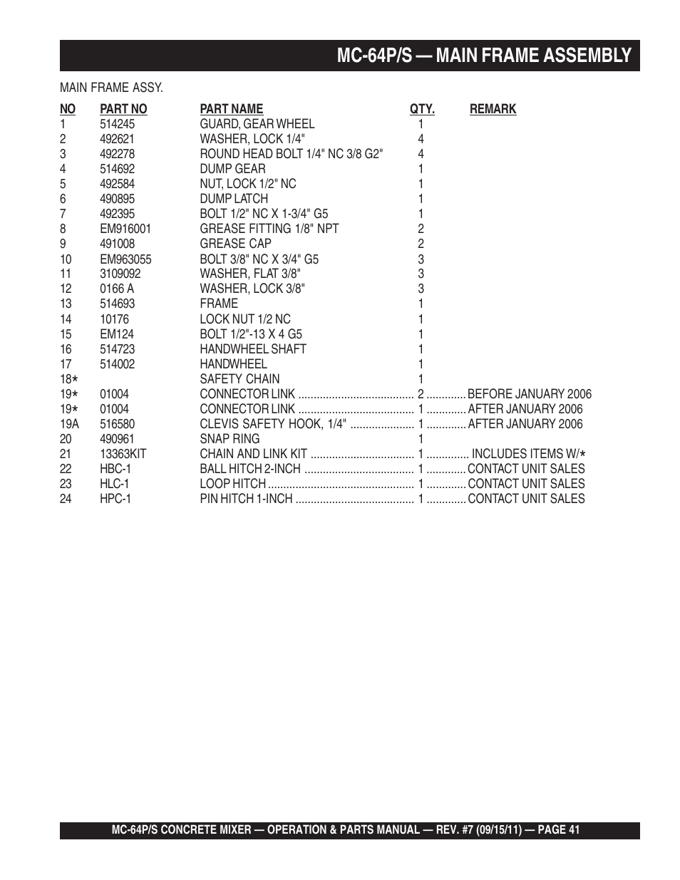 Mc-64p/s — main frame assembly | Multiquip MC64P User Manual | Page 41 / 116