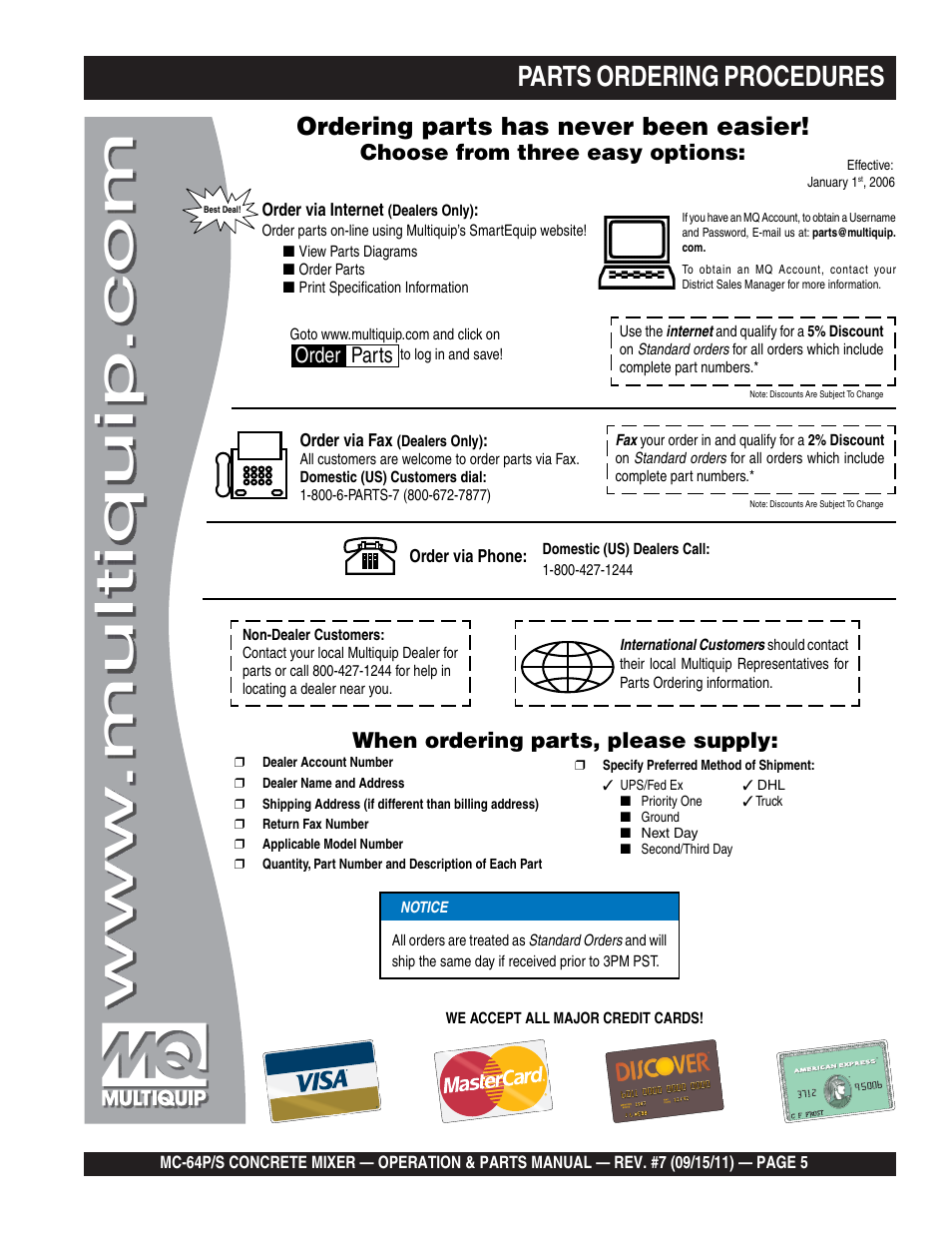 Parts ordering procedures, Ordering parts has never been easier, Choose from three easy options | When ordering parts, please supply, Order parts | Multiquip MC64P User Manual | Page 5 / 116